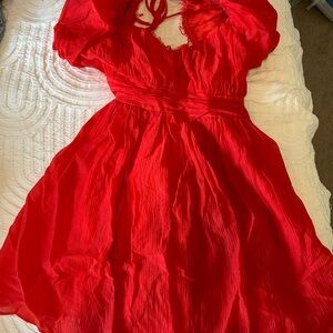 Red Puffy Short Sleeve Flowy Dress